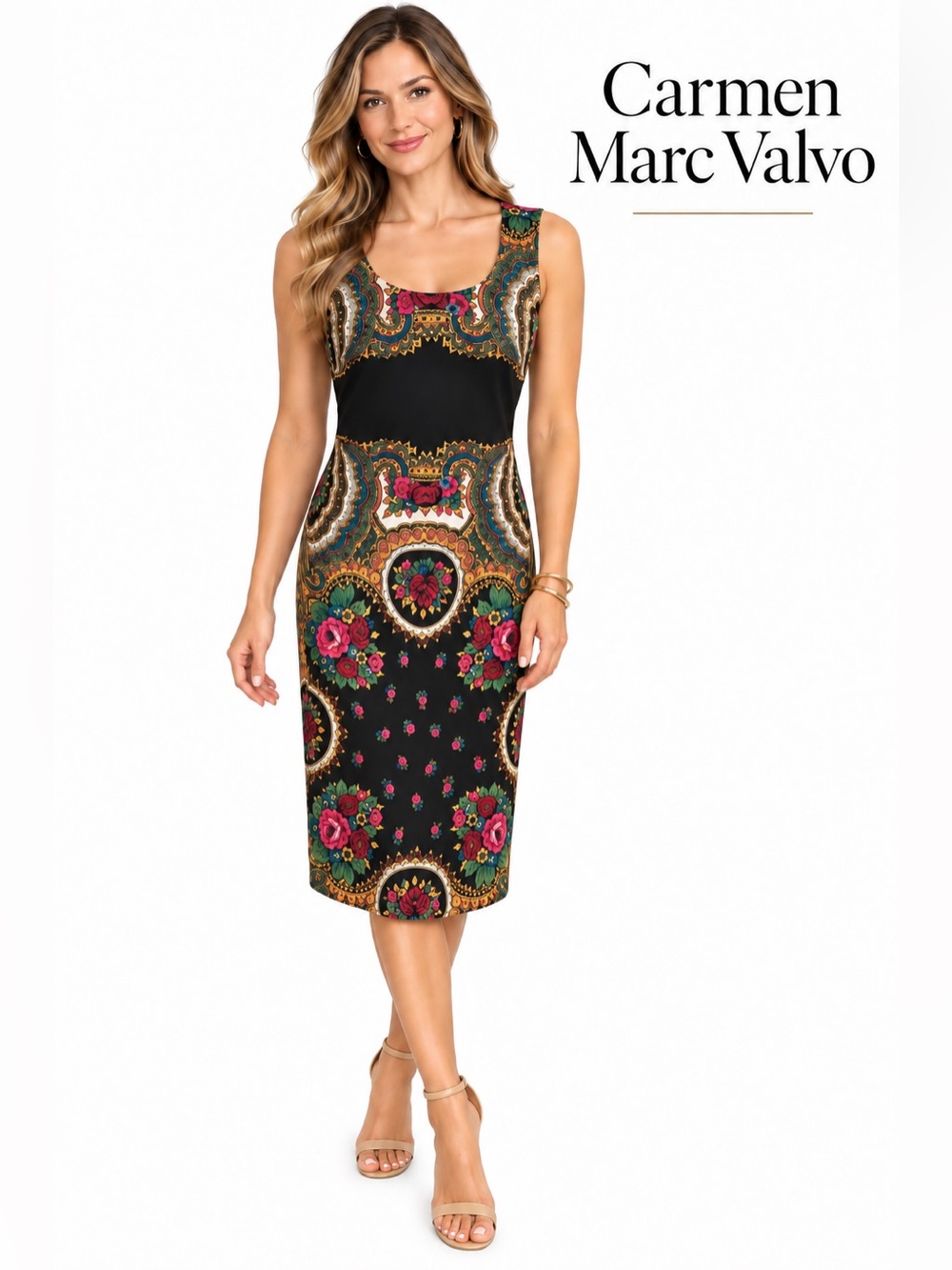 Carmen Marc Valvo Size S Black Floral Paisley Sleeveless Sheath Dress